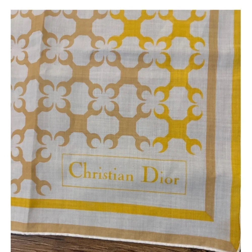 Christian Dior Cotton Scarf Yellow White Geometric Pattern Square Neckerchief